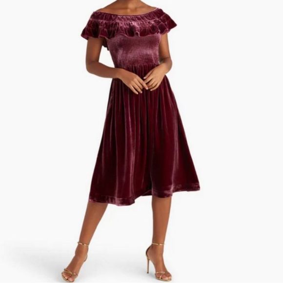 NWT Hill House Women's The Akilah Nap Midi Ruffle Dress Burgundy Velvet - Picture 2 of 14